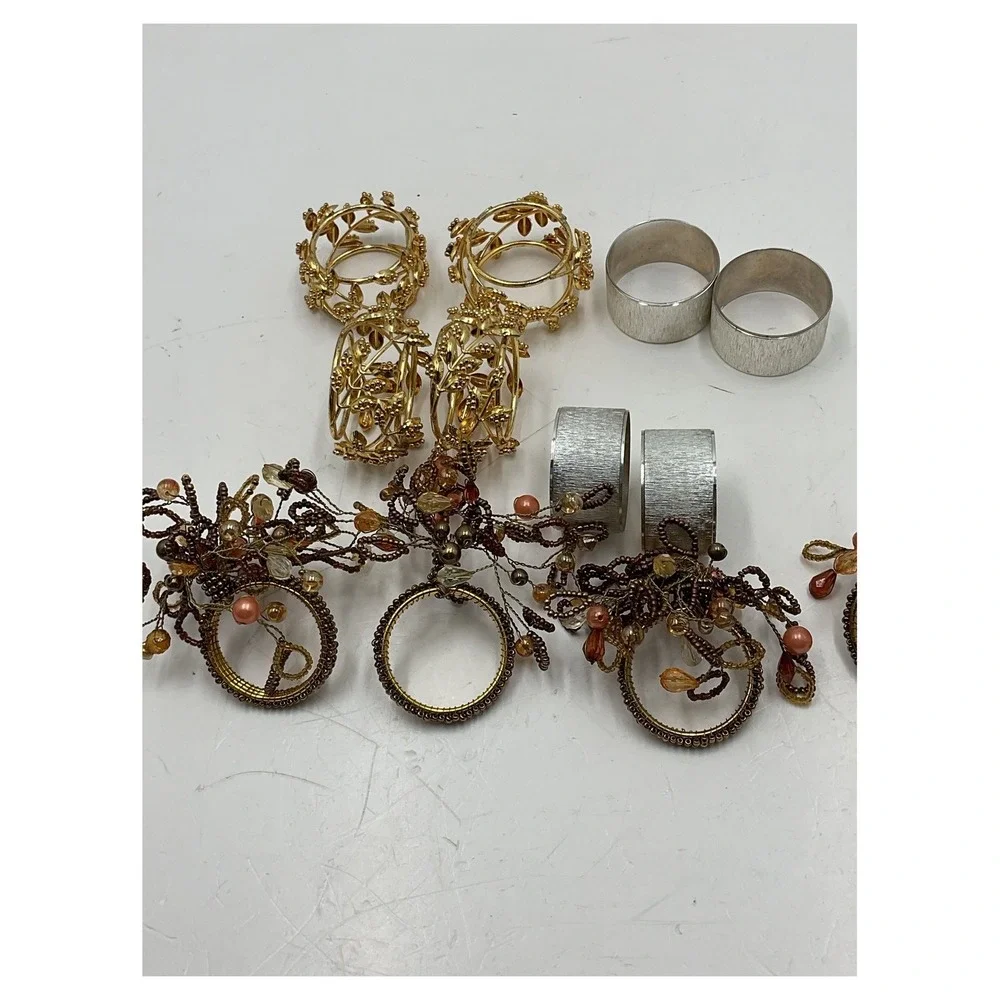 Vintage Napkin Rings Set of 12 Mixed‎ Styles Gold Leaf Silver Beaded Filigree